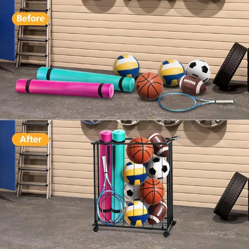 Vista 5 de Columnar - Estantes verticales de almacenamiento de bolas con ruedas, soporte de pared duradero para baloncesto, voleibol, ahorro de espacio