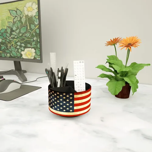 Vista 5 de Organizador Redondo de Cuero para Suministros de Arte, Soporte para Control Remoto, Rotación de 360 Grados, Soporte Multifuncional para Lápices