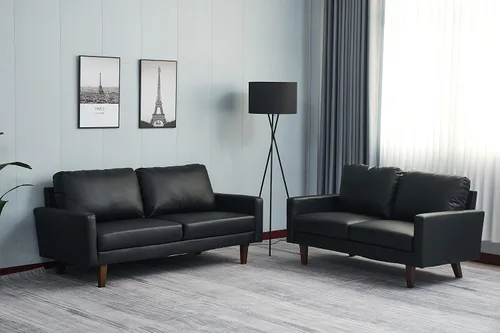 Vista 7 de INSTORY Sofá de cuero Sofá moderno con patas de madera para sala de estar, oficina - negro
