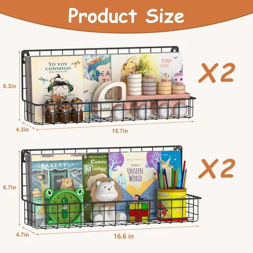 Vista 3 de X-cosrack Paquete de 4 estanterías de metal montadas en la pared, estantes flotantes para libros para niños, guardería, aula infantil, organizador