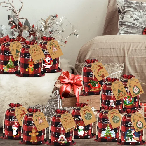 Vista 6 de Aviski 36 unidades de bolsas de regalo de Navidad con cordón de algodón, diseño a cuadros de búfalo, bolsas de dulces de Navidad, bolsas de regalo