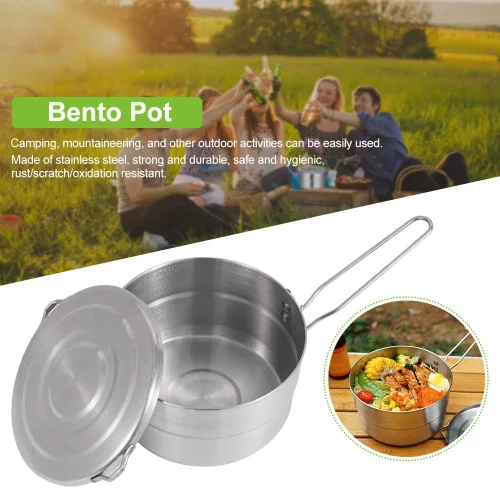 Vista 2 de DenpenTEC - Olla de acero inoxidable con tapa y mango plegable, olla Bento de gran capacidad de 1.5 L para acampar y senderismo