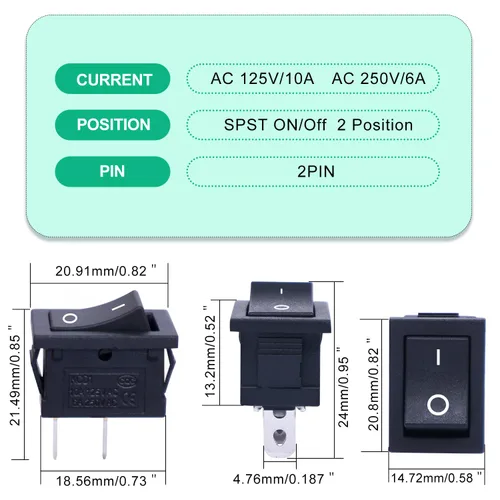 Vista 2 de Twidec /6 interruptores basculantes de 12 V de encendido/apagado de barco CA 6A/250V 10A/125V SPST 2 pines 2 posiciones interruptor de palanca
