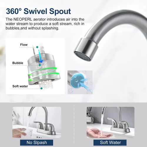 Vista 3 de Grifo de lavabo de baño con conjunto de drenaje emergente, grifo central de 4 pulgadas y 2 manijas - Control de temperatura, fácil de instalar