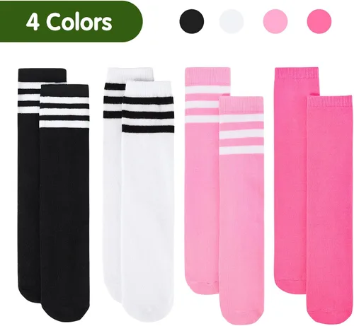 Vista 2 de Century Star 4 pares de calcetines de fútbol para niños, calcetines de fútbol de algodón a rayas, hasta la rodilla, calcetines suaves para niños