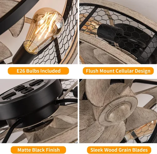 Vista 3 de WWM 20'' Flush Mount Caged Ceiling Fan with Light, Low Profile Farmhouse Ceiling Fans with Remote, 3 Speeds,Reversible Motor Fan for Small Space,Fan