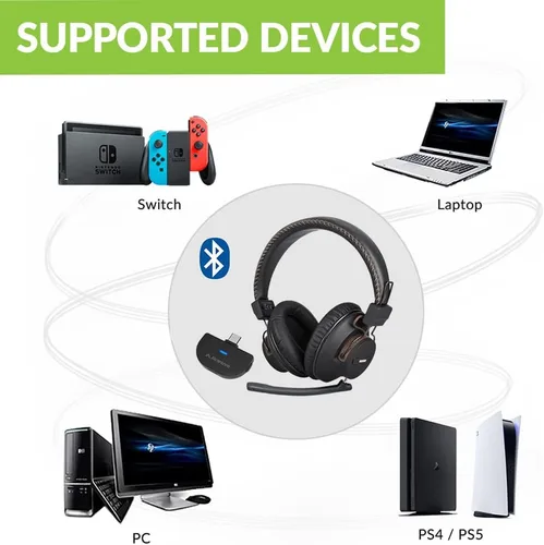 Vista 2 de Avantree C519M - Auriculares Bluetooth con micrófono para PS5 e interruptor, auriculares inalámbricos con adaptador USB C para PC y laptop, baja