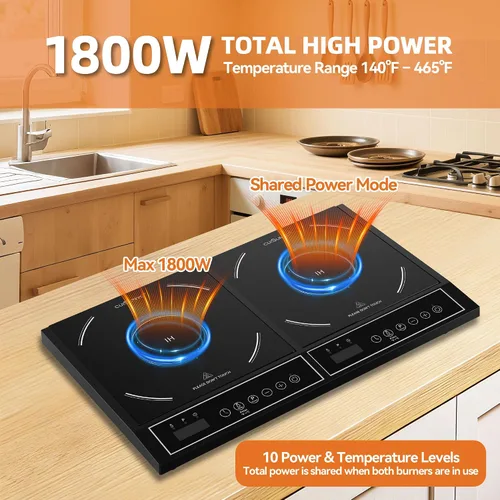 Vista 2 de 1800W Doble Inducción Cocina Compartición de Energía Portátil Quemador de Inducción Encimera Temperatura y Potencia Ajustes de Potencia Quemador