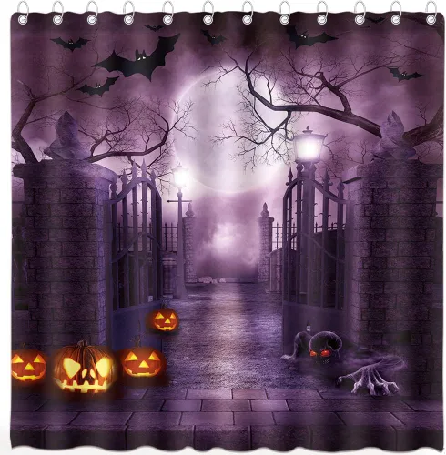 Vista 9 de Cortina de ducha de Halloween para baño, noche aterradora, patio, puerta, luna espeluznante, árbol muerto, lámpara de calle, poliester, impermeable