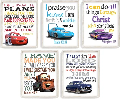 Vista 8 de Conjunto de 5 Impresiones Sin Marco de Coches de Pixie Paper para Guardería Cristiana, Lightning McQueen, Ramone, Doc Hudson, King 43 y Tow Mater