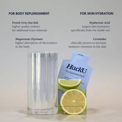 Vista 4 de HackU Hydration Hack - Paquetes de hidratación de electrolitos y piel – Mezcla de bebida sin azúcar, sin hinchazón con magnesio, ácido hialurónico
