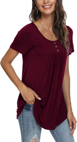 Vista 2 de POPYOUNG - Blusa de verano casual de manga corta para mujer, camiseta estilo túnica, con botones, suelta