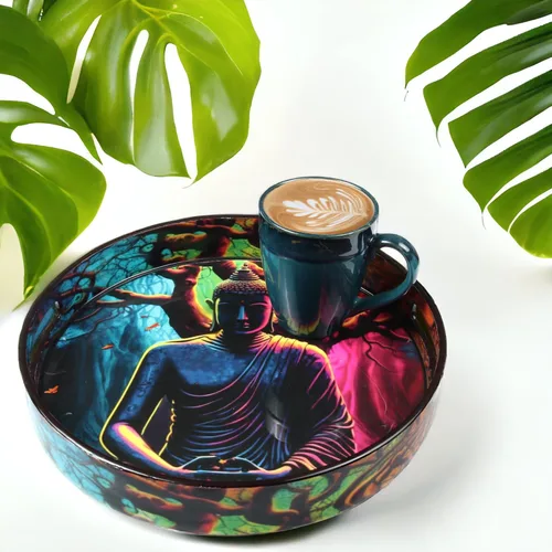Vista 6 de Crocon Bandeja redonda decorativa para mesa de café, desayuno, Buda, bandeja otomana de MDF, multiusos, centros de mesa para comedor, decoración