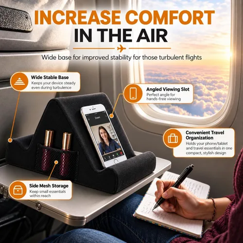 Vista 3 de Brookstone Cojín de regazo para tableta, soporte para tableta y teléfono para cama, vuelos y viajes, dos escritorio de espuma viscoelástica en Negro