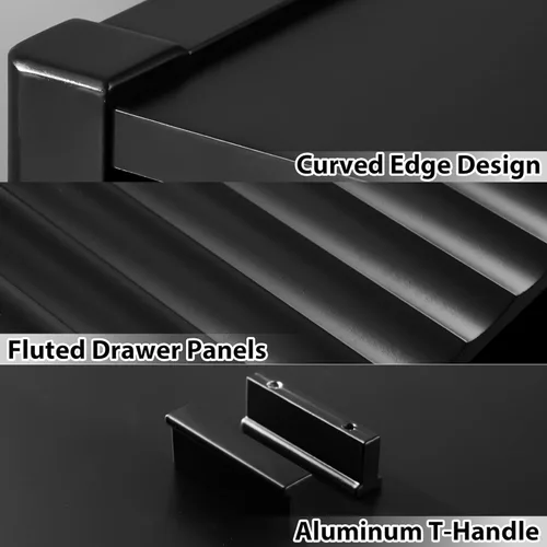 Vista 4 de Cómoda negra de 6 cajones para dormitorio, cómoda de madera moderna, cómoda doble de diseño acanalado con patas de madera, mueble de almacenamiento