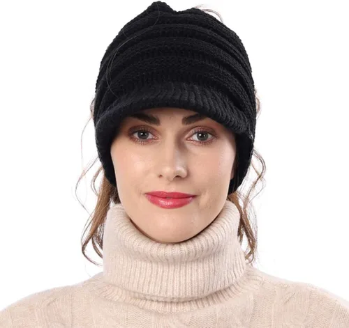 Vista 4 de FORBUSITE Gorro de punto cálido para mujer con diseño de cola de caballo para coleta, gorro B085