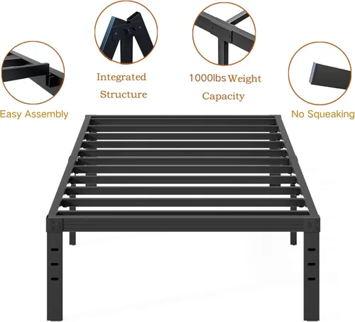 Vista 6 de Base de cama Twin-XL de metal, no necesita sommier, plataforma de 12 pulgadas sin ruido en color negro, de fácil montaje, soporte de láminas
