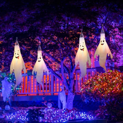 Vista 6 de Decoraciones de Halloween, para colgar al aire libre, calcetines de viento fantasma para árboles con temporizador, fantasmas LED para colgar