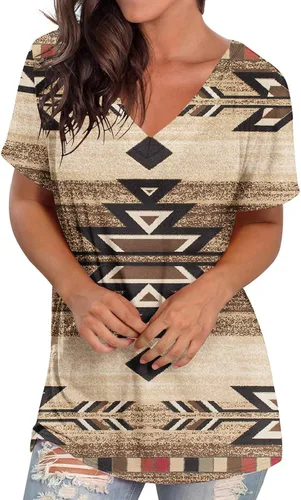 Vista 4 de Camisetas de verano para mujer, con estampado geométrico, cuello en V, elegantes, casuales, holgadas, de manga corta