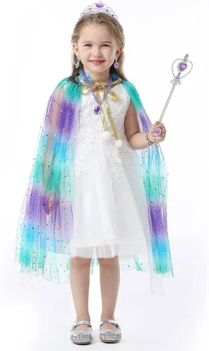 Vista 2 de Fedio Princess Cape Set 7 Pieces Girls Princess Cloak with Tiara Crown, Wand for Little Girls Dress up