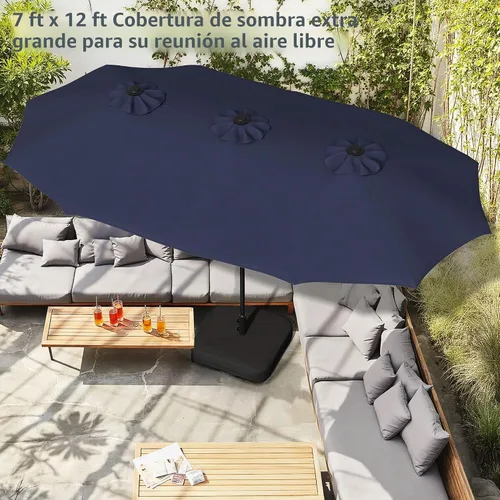 Vista 5 de Shintenchi Sombrilla grande de patio de 13 pies con base, sombrilla rectangular doble cara para exteriores con asa de manivela para césped junto a