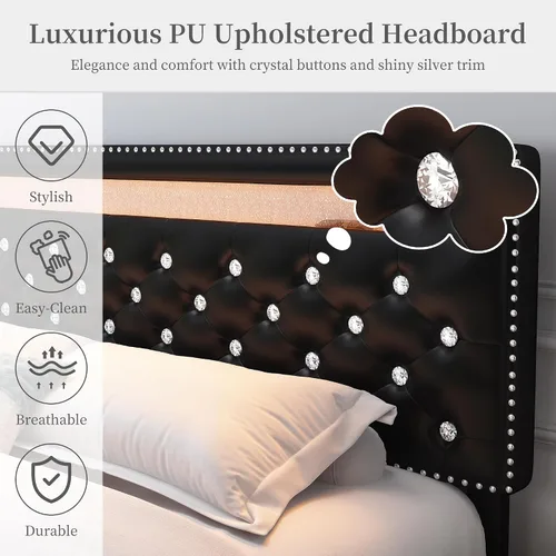 Vista 7 de SIBEDS Base de cama completa con LED y 2 cajones, marco de cama de plataforma de metal resistente de tamaño completo con cabecera ajustable