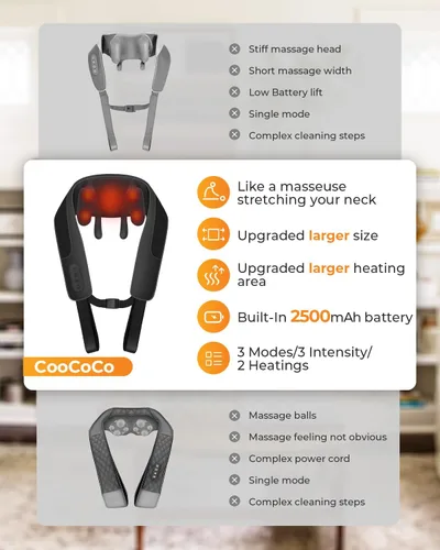 Vista 2 de CooCoCo Masajeador de espalda con calor, cojín de asiento de masaje Shiatsu, almohadilla ajustable para silla de masaje de cuello y espalda Negro