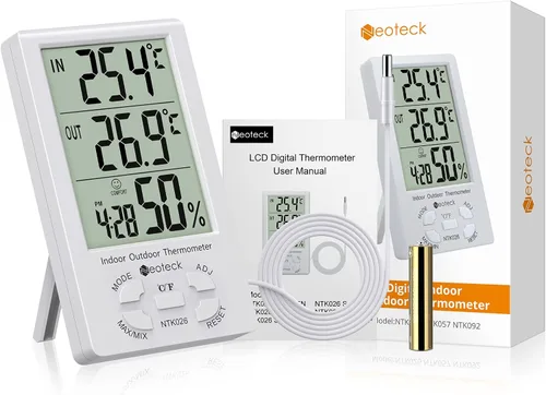 Vista 8 de Neoteck 2 en 1 termómetro higrómetro con reloj pantalla LCD 4.9 ft sensor cable ± 1°/5% High Accuracy Digital Humidity Temperature Meter with