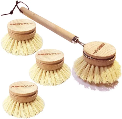 Vista 7 de Juego de cepillos de madera para platos limpios, sartenes y verduras, cerdas naturales de bambú con plato de cerámica, 1 cepillo de mango largo + 2