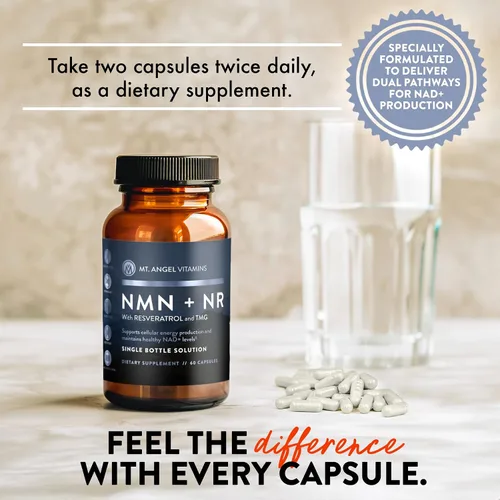 Vista 6 de Mt. Angel Vitamins Suplemento NMN + NR con resveratrol y TMG, precursores duales de NAD+ para energía celular y envejecimiento saludable, 60 cápsulas