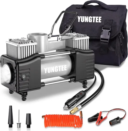 Vista 10 de YUNGTEE Inflador de neumáticos amarillo, bomba de inflado de doble cilindro resistente, bomba de inflado de accionamiento directo, bomba