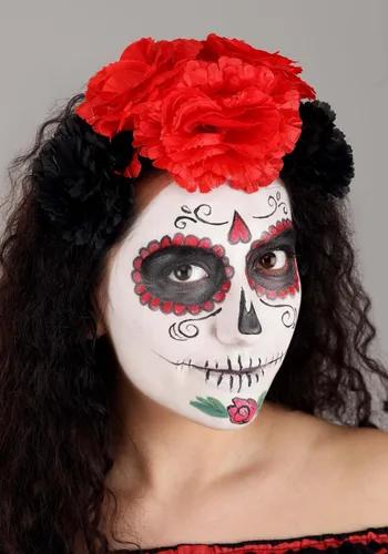 Vista 5 de Disfraz de calavera de azúcar para mujer, vestido con cinturón y tocado floral