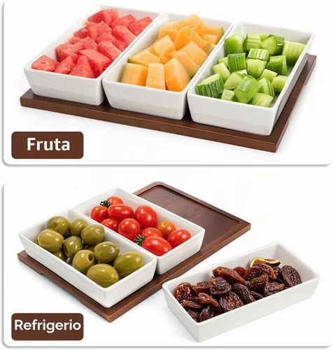 Vista 5 de Elsjoy Bandeja de servir de 3 secciones, plato de madera dividido con cuencos de cerámica, bandeja de inmersión de 3 compartimentos para aperitivos