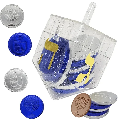 Vista 4 de The Dreidel Company 2 paquetes de Dreidel rellenos con monedas de Hanukkah Gelt azules y plateadas, 10 monedas de Hanukkah Gelt por Dreidel, total