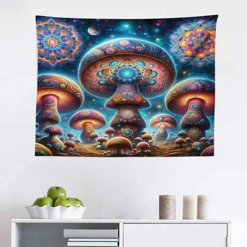 Vista 2 de Ambesonne Tapiz de hongos, atmósfera psicodélica, escena astral estrellada con motivos orientales trippy, decoración de tela para colgar en la pared