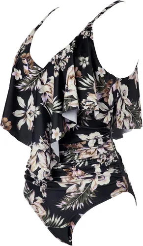 Vista 3 de SUUKSESS Traje de baño de una pieza con volantes y fruncidos para mujer, con control de abdomen, traje de baño adelgazante #1 estampado floral negro