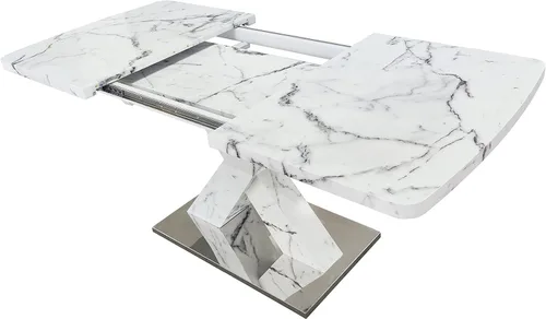 Vista 4 de Mesa de comedor de mármol blanco para 6, moderna mesa de comedor extensible con base en forma de X, mesa de comedor rectangular de mármol sintético