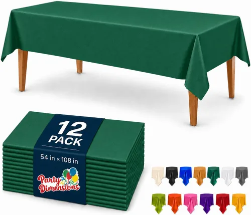 Vista 55 de Party Dimensions Mantel de plástico negro, paquete de 12 manteles rectangulares desechables de 54 x 108 pulgadas para mesas de 6 a 8 pies