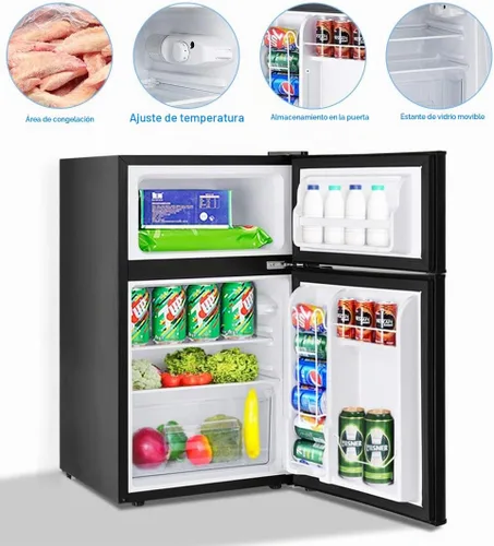 Vista 3 de Mini refrigerador con congelador, refrigerador compacto de 3.2 pies cúbicos, refrigerador de doble puerta con temperatura ajustable y estantes