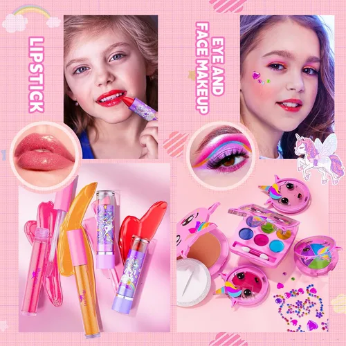 Vista 6 de Beayuck Kit de maquillaje infantil para niñas, kit de maquillaje para niñas, juego de cosméticos lavables reales con estuche de almacenamiento Rosa