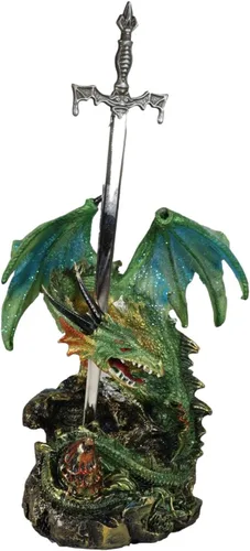 Vista 5 de Ebros Gift Legendario brillante verde metálico blindado centinela caballero dragón sosteniendo Tiki Murciélago espada abrecartas figura figura