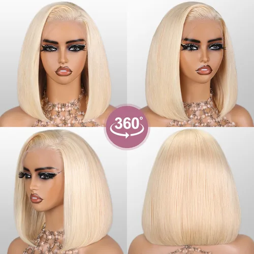 Vista 4 de Peluca de cabello humano rubio estilo Bob de 13 x 4 con encaje frontal, peluca Bob de 10 pulgadas 613 Lace Front Wig Human Hair Pre Plucked With