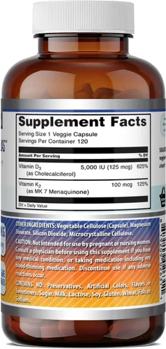Vista 5 de Amazing Formulas Vitamina D3 5000 UI con vitamina K2 100 Mcg Suplemento de 120 cápsulas vegetales Sin OMG Sin gluten Fabricado en Estados