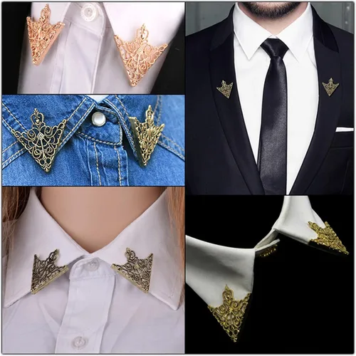 Vista 2 de WCRAZYE Pines de cuello triangular retro con patrón hueco y ángulo para hombres y mujeres, broche de palacio de plata simple dorado y plateado
