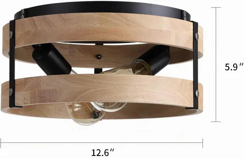 Vista 4 de Moderna lámpara de montaje empotrado con dos luces de metal y madera, lámpara de techo rústica de montaje empotrado para pasillo, dormitorio