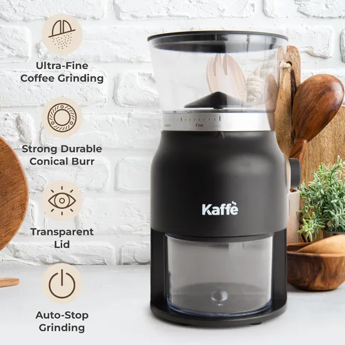 Vista 4 de Kaffe - Molinillo eléctrico de café (5.5 onzas), rebabas cónicas, 25 niveles de grosor ajustables, negro mate, cepillo de limpieza incluido