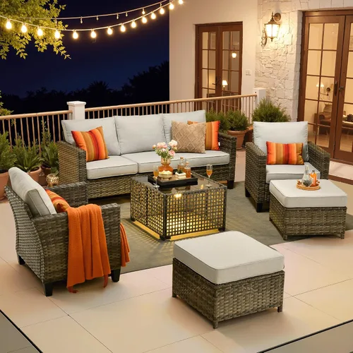 Vista 28 de ovios Juego de muebles de patio de 4 piezas con sofá de exterior, luces solares, mesa, cojines cómodos, sofá de conversación de mimbre de ratán