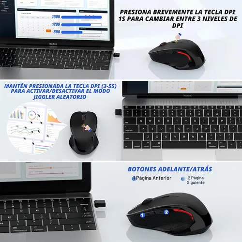 Vista 6 de Mouse inalámbrico Bluetooth para Mac Pro MacBook Air, mouse recargable con mouse Jiggler, interruptor de 3 modos Bluetooth 5.2/3.0 y receptor Ratón