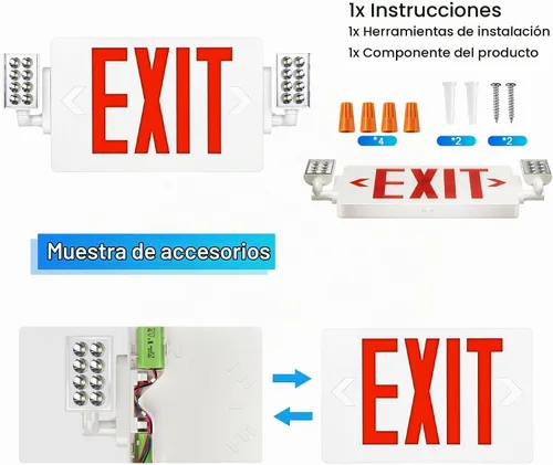 Vista 4 de Spectsun - Paquete de 1 señal de salida roja con luces de emergencia, dos luces LED de salida de emergencia ajustables con batería de respaldo Rojo