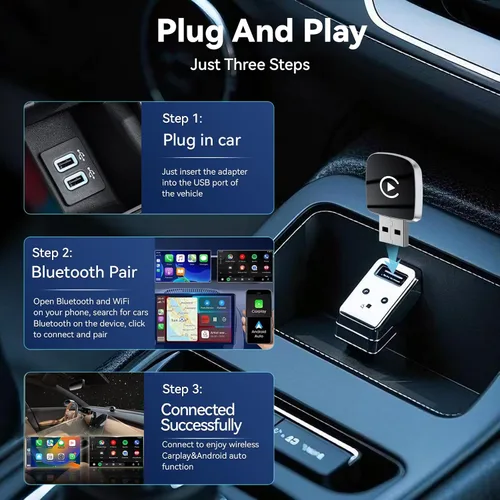 Vista 4 de Adaptador Inalámbrico CarPlay 2026 Mejorado para iPhone, 2 en 1 para Apple CarPlay y Android Auto, Convierte Cableado a Inalámbrico, Plug & Play